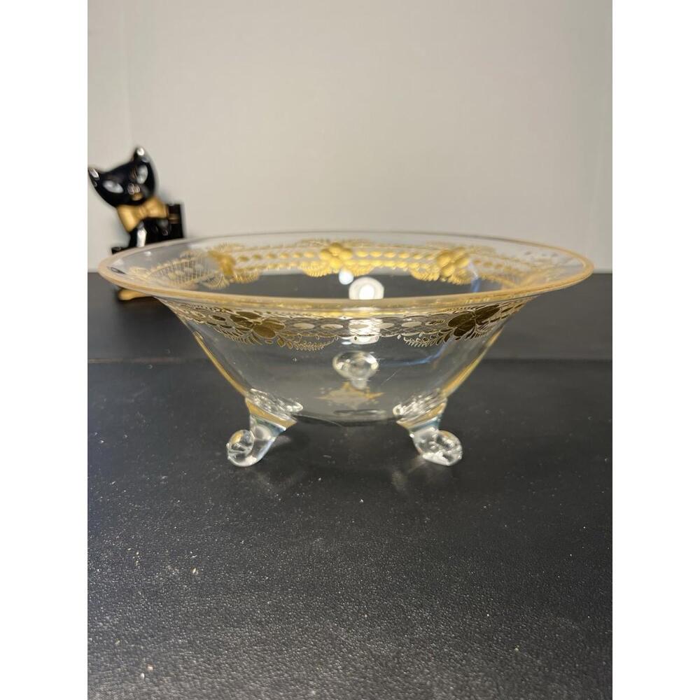 Fostoria 1930s 3 Legged Clear Gold Etched Trim Bowl, 8.5x3.5”